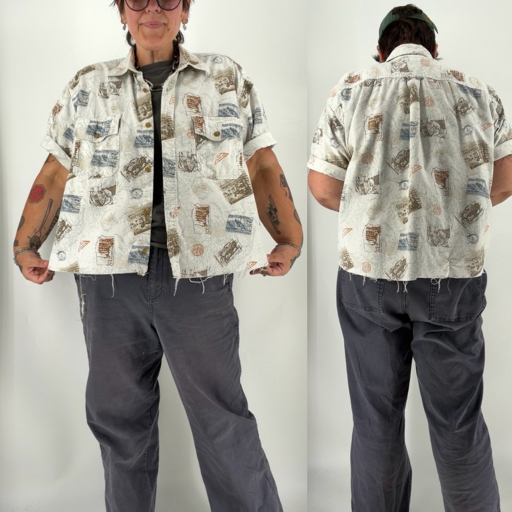 Vintage Basic Editions boxy cropped button up short sleeve postage map 2XLT mens